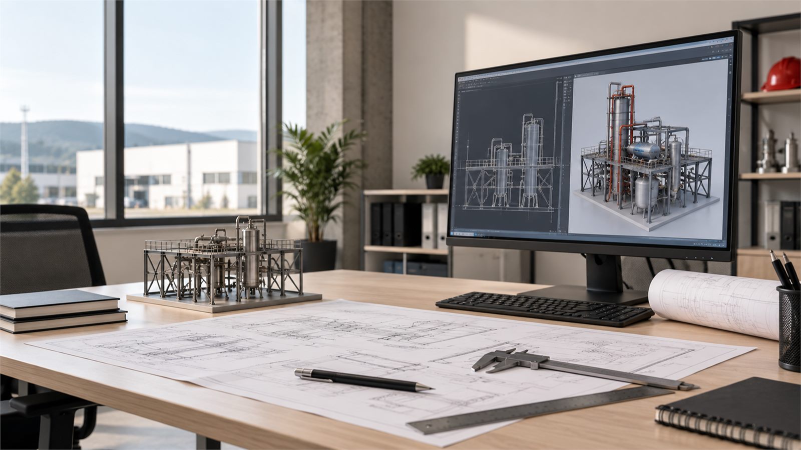 Oficina técnica de ingeniería con plano CAD en pantalla