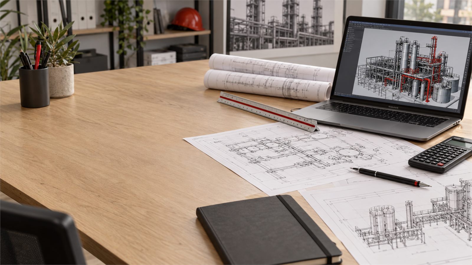 Mesa de trabajo de ingeniería industrial con planos y modelo CAD